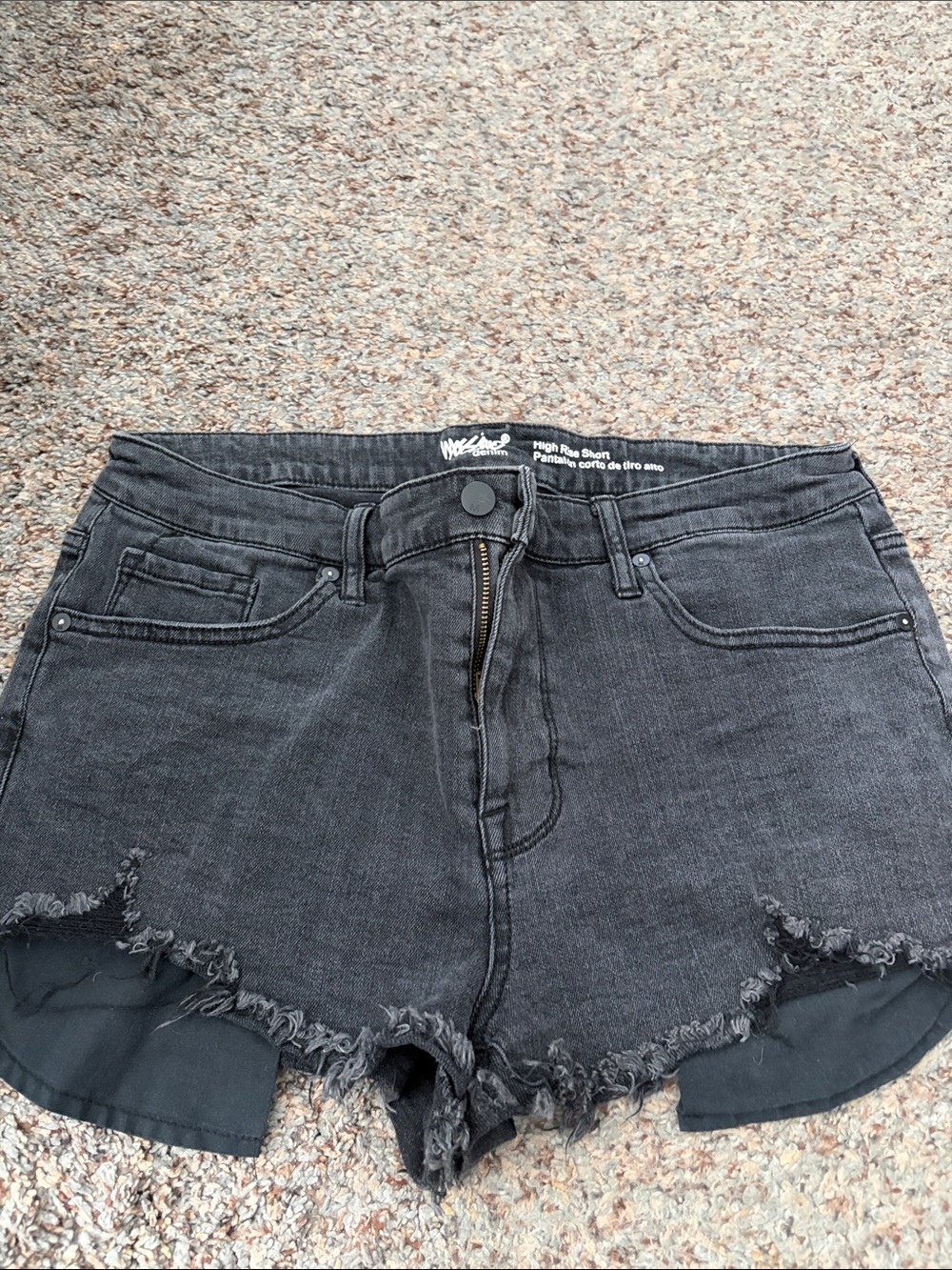 High Rise Black Denim Frayed Hem Women's Shorts